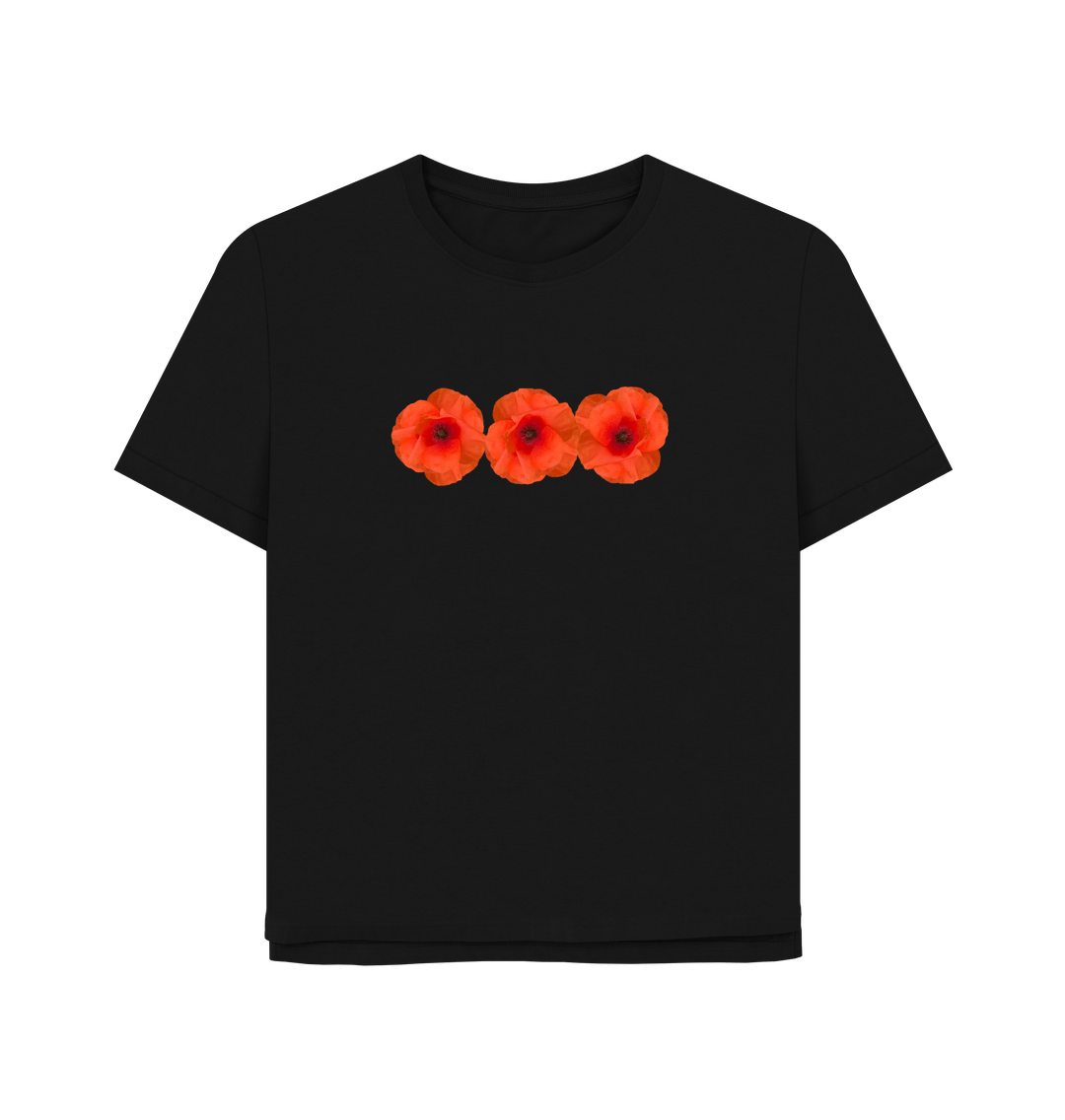 Black Women's Red Poppies Organic Cotton Relaxed Fit T-Shirt