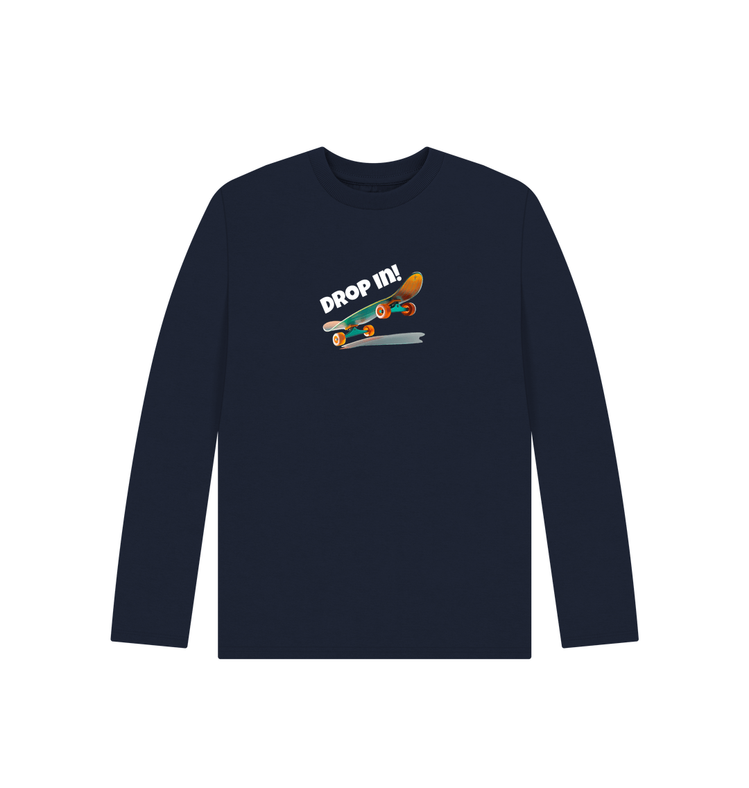 Navy Blue Drop in Skate Organic Cotton Kids Long Sleeved T-Shirt