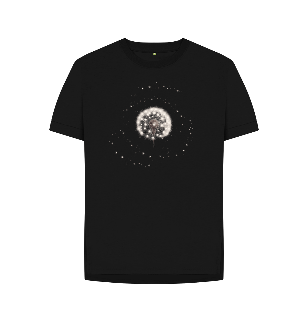 Black Starry Dandelion Cypsela Relaxed Fit Organic Cotton Tee