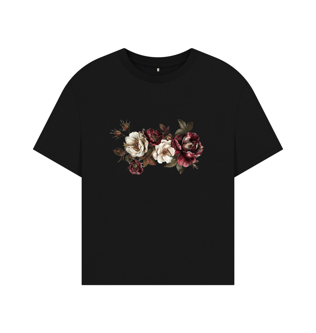 Black Organic Oversized Gothic Dog Rose Black Tee